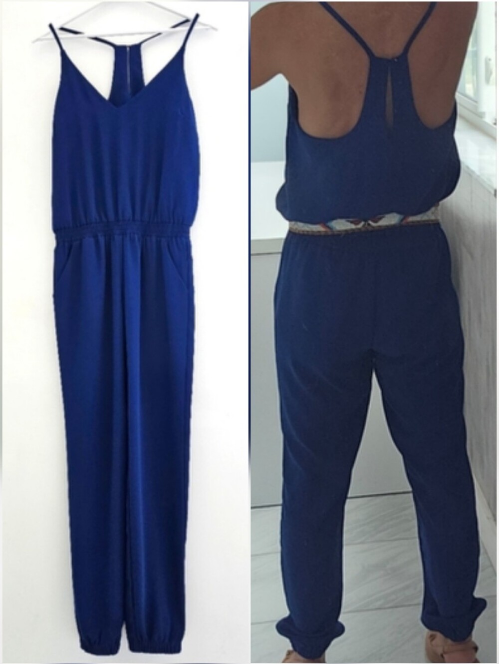Amanda Uprichard Royal Blue Racer Back Jumpsuit Gathered Bottom